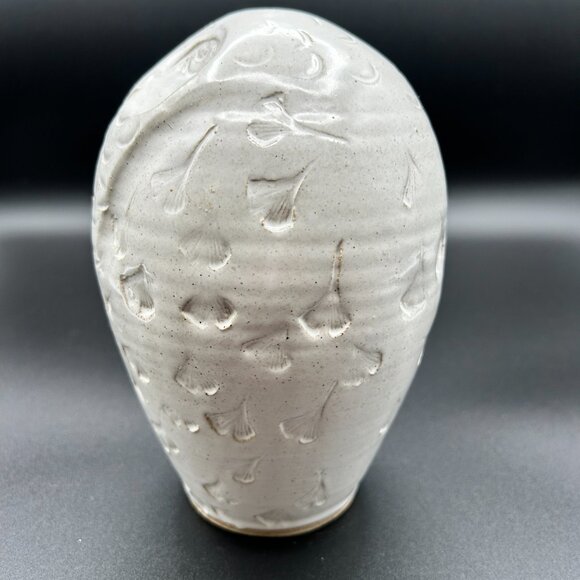 Frye Pottery White Glazed Owl Sculpture Signed Studio Gingko Leaf Rustic Owl - Picture 4 of 8